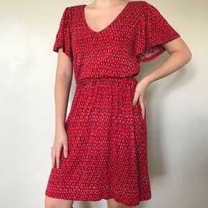 Loft Red Flutter Sleeve Dress With Tie Waist